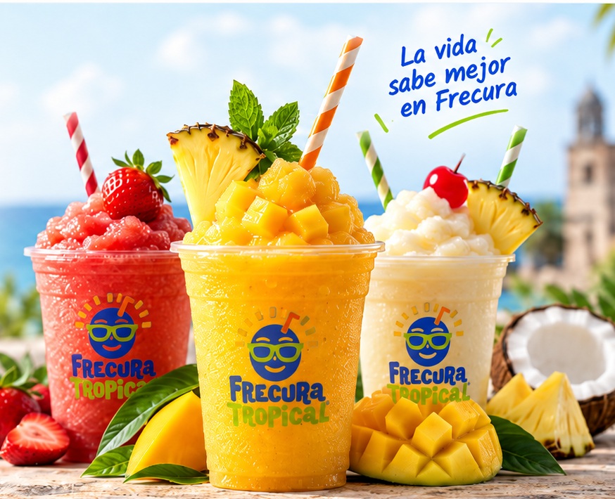Tres frozen tropicales Frecura Tropical con el logo integrado en los vasos