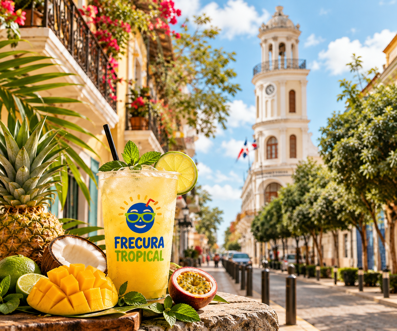 Bebida tropical de Frecura Tropical con frutas en la Ciudad Colonial de Santo Domingo